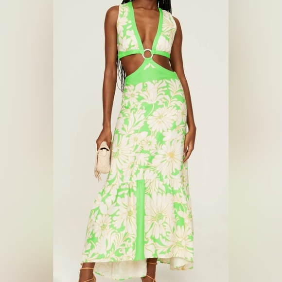 Sandro Green White Ludmila Dress Women's Linen Blend Cut Out Size XS? - Picture 5 of 6